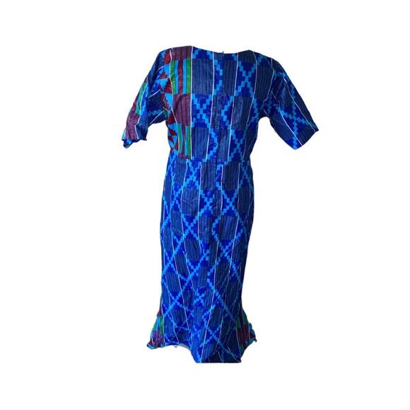 African Blue Patchwork Geometric Pattern Hand Made Square Neck Maxi Dress - Picture 3 of 3